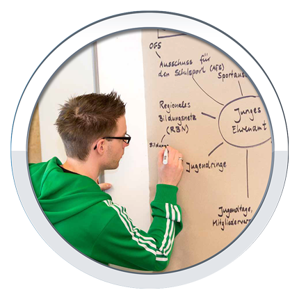 Junger Mann schreibt an ein White Board