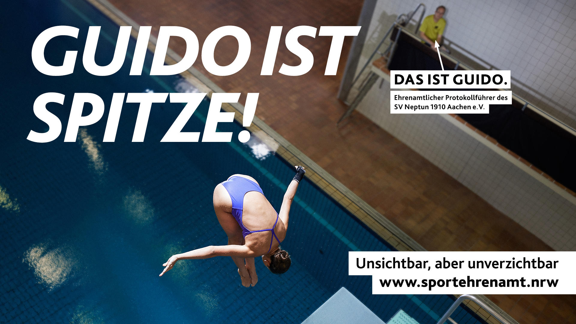 Sprung ins Wasser unter wachsamen Augen – Motiv ‚Guido ist spitze! - Wasserspringen‘ der Offensive #SPORTEHRENAMT“ – 1920x1080