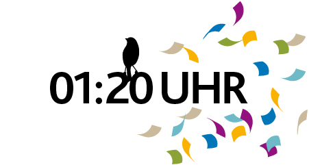Schwarze Vogelsilhouette auf der Uhrzeit 01:20 Uhr mit bunten Konfetti-Elementen auf hellem Hintergrund