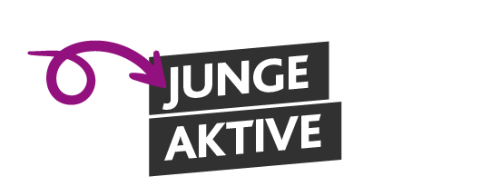 Text: Junge Aktive. Ein magenta-farbener, geschwungener Pfeil zeigt auf diesen Text.