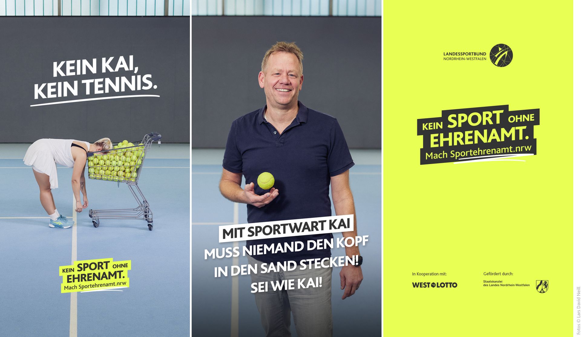Story 9:16 – Tennisspielerin lehnt mit dem Kopf in einem Einkaufswagen voller Tennisbälle. Darüber in weißer Schrift: „Ohne Ehrenamt, kein Tennis. Motiv Tennis der LSB NRW-Offensive 2026: ‚Kein Sport ohne Ehrenamt. Mach Sportehrenamt.nrw‘.