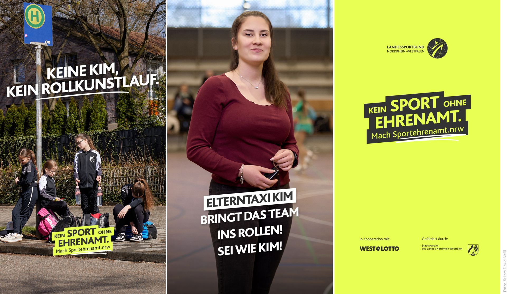 Eine Jugendmannschaft sitzt und steht mit Sporttaschen an einer Bushaltestelle und wartet auf die Fahrgelegenheit zum Training. Darüber steht „Keine Kim, kein Rollkunstlauf“. Rechts daneben steht Elterntaxi Kim mit Autoschlüsseln in der Hand und lächelt. Motiv Elterntaxi der LSB NRW Offensive 2026 mit dem Claim „Kein Sport ohne Ehrenamt. Mach Sportehrenamt.nrw“.