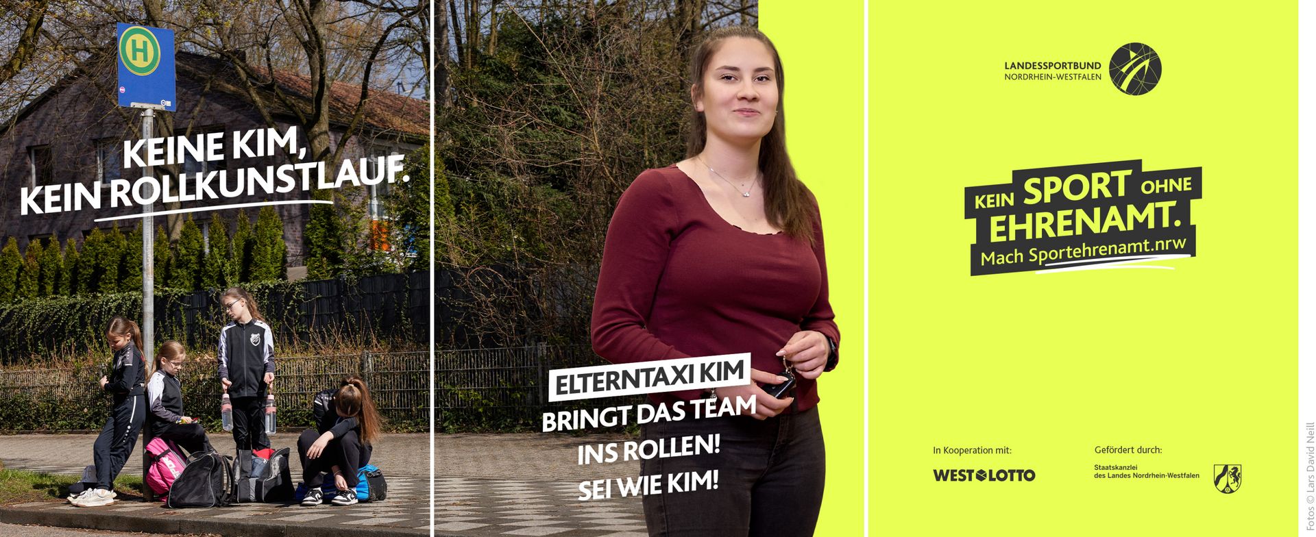 Eine Jugendmannschaft sitzt und steht mit Sporttaschen an einer Bushaltestelle und wartet auf die Fahrgelegenheit zum Training. Darüber steht „Keine Kim, kein Rollkunstlauf“. Rechts daneben steht Elterntaxi Kim mit Autoschlüsseln in der Hand und lächelt. Motiv Elterntaxi der LSB NRW Offensive 2026 mit dem Claim „Kein Sport ohne Ehrenamt. Mach Sportehrenamt.nrw“.