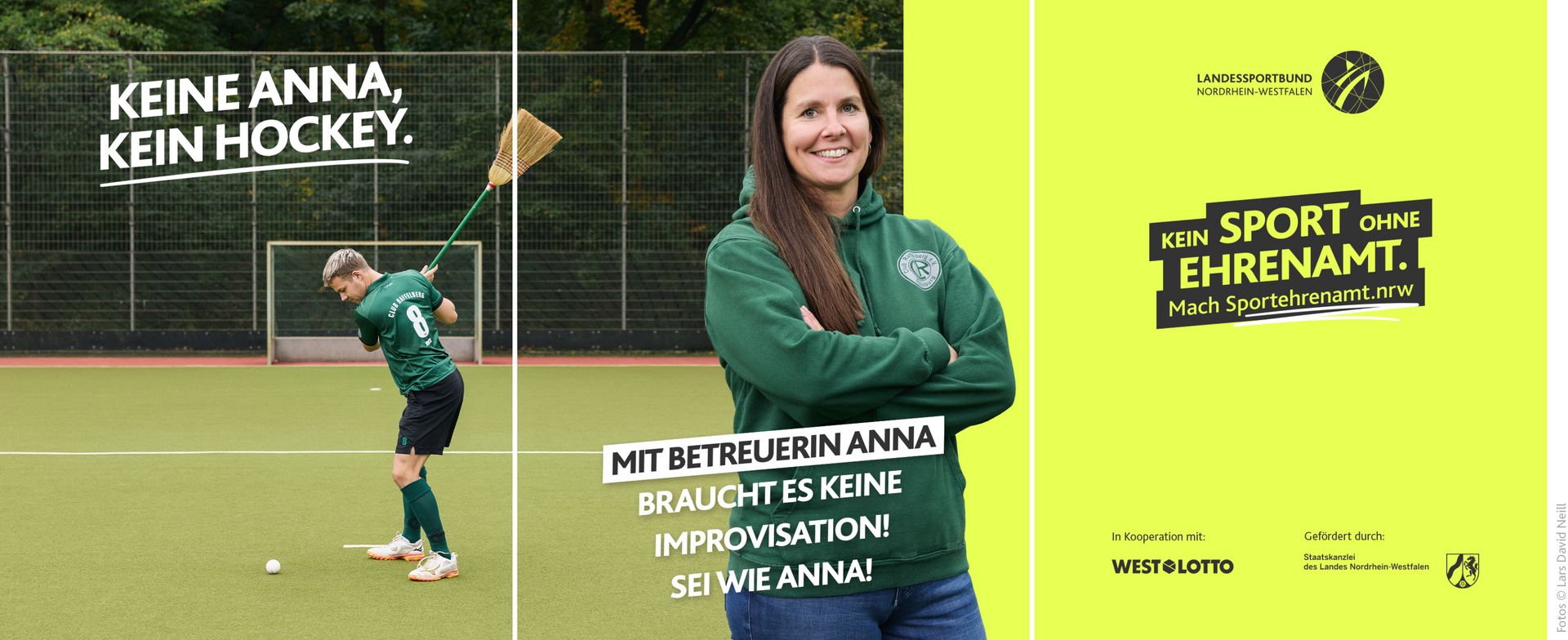 Social Media Carousel des Motivs „Hockey“ der LSB NRW-Offensive 2026: ‚Kein Sport ohne Ehrenamt. Mach Sportehrenamt.nrw‘.