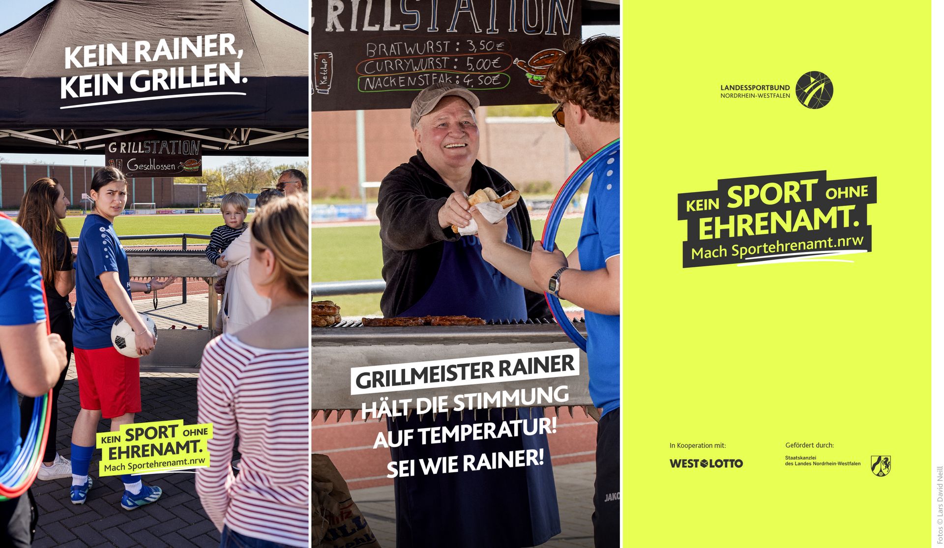 Eine Gruppe Sportlerinnen und Sportler steht vor einer geschlossenen Grillstation auf dem Vereinsgelände. Darüber steht „Kein Rainer, kein Grillen“. Daneben lächelt Grillmeister Rainer und reicht eine Bratwurst im Brötchen über die Theke. Motiv Grillmeister der LSB NRW Offensive 2026 mit dem Claim „Kein Sport ohne Ehrenamt. Mach Sportehrenamt.nrw“. 