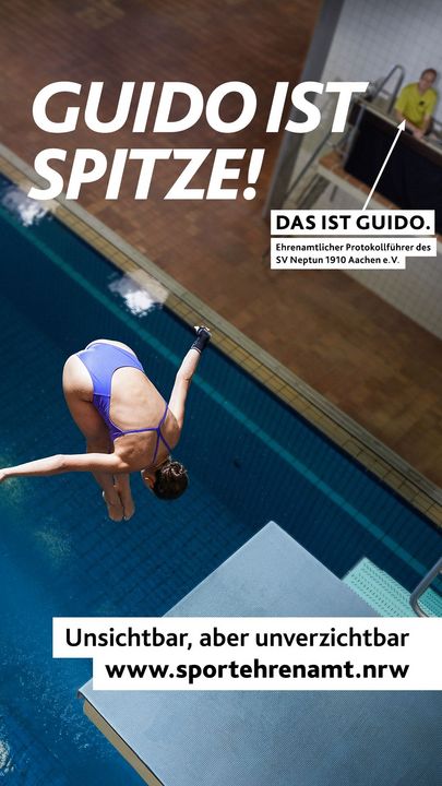 Sprung ins Wasser unter wachsamen Augen – Motiv ‚Guido ist spitze! - Wasserspringen‘ der Offensive #SPORTEHRENAMT“ – 1080x1920