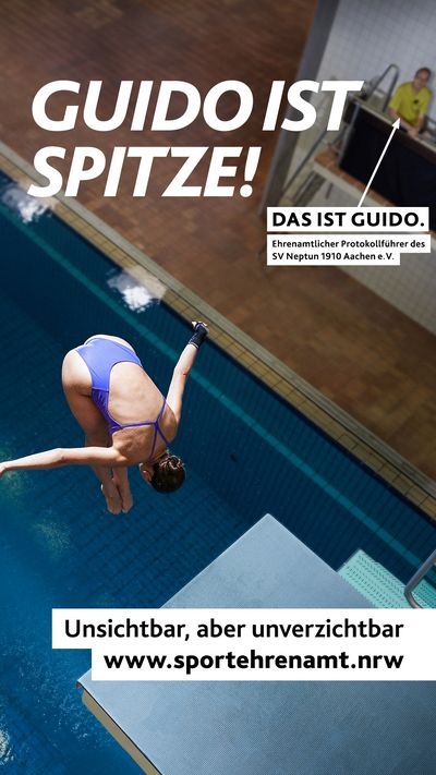 Sprung ins Wasser unter wachsamen Augen – Motiv ‚Guido ist spitze! - Wasserspringen‘ der Offensive #SPORTEHRENAMT“ – 1080x1920