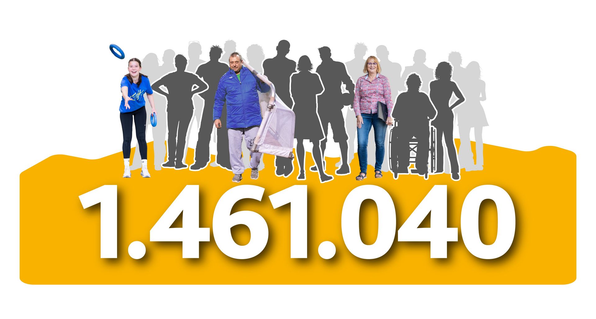 Gruppe von Menschen vor stilisierten Silhouetten. Zahl ‚1.461.040‘ steht für Ehrenamtliche im Sport in NRW.