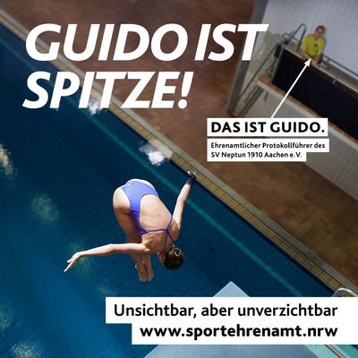 Sprung ins Wasser unter wachsamen Augen – Motiv ‚Guido ist spitze! - Wasserspringen‘ der Offensive #SPORTEHRENAMT“ – 1080x1080
