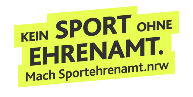 CTA der LSB NRW-Offensive 2026: ‚Kein Sport ohne Ehrenamt.‘ Darunter der Aufruf ‚Mach Sportehrenamt.nrw‘. Schwarze Schrift auf gelben Grund.