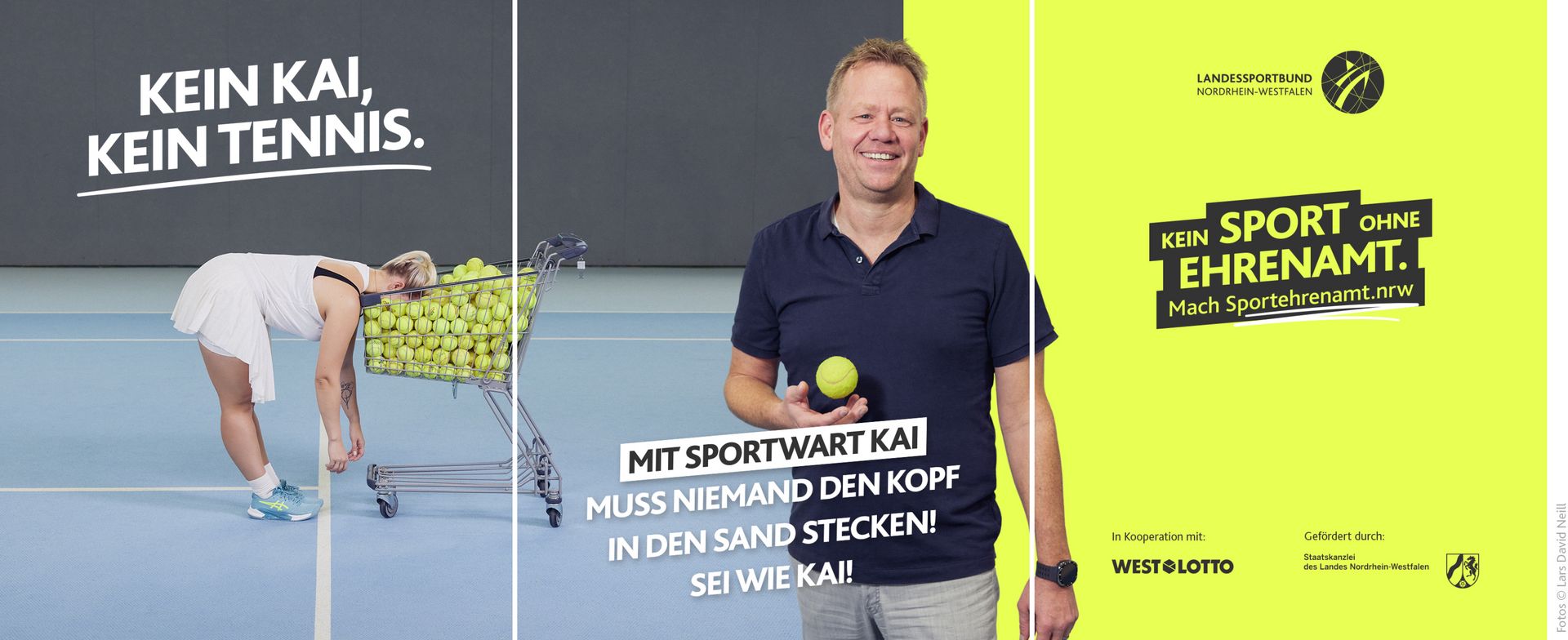 Sliderbeispiel des Motiv „Kein Kai. Kein Tennis.“ der LSB NRW-Offensive 2026: ‚Kein Sport ohne Ehrenamt.‘ Darunter der Aufruf ‚Mach Sportehrenamt.nrw‘.