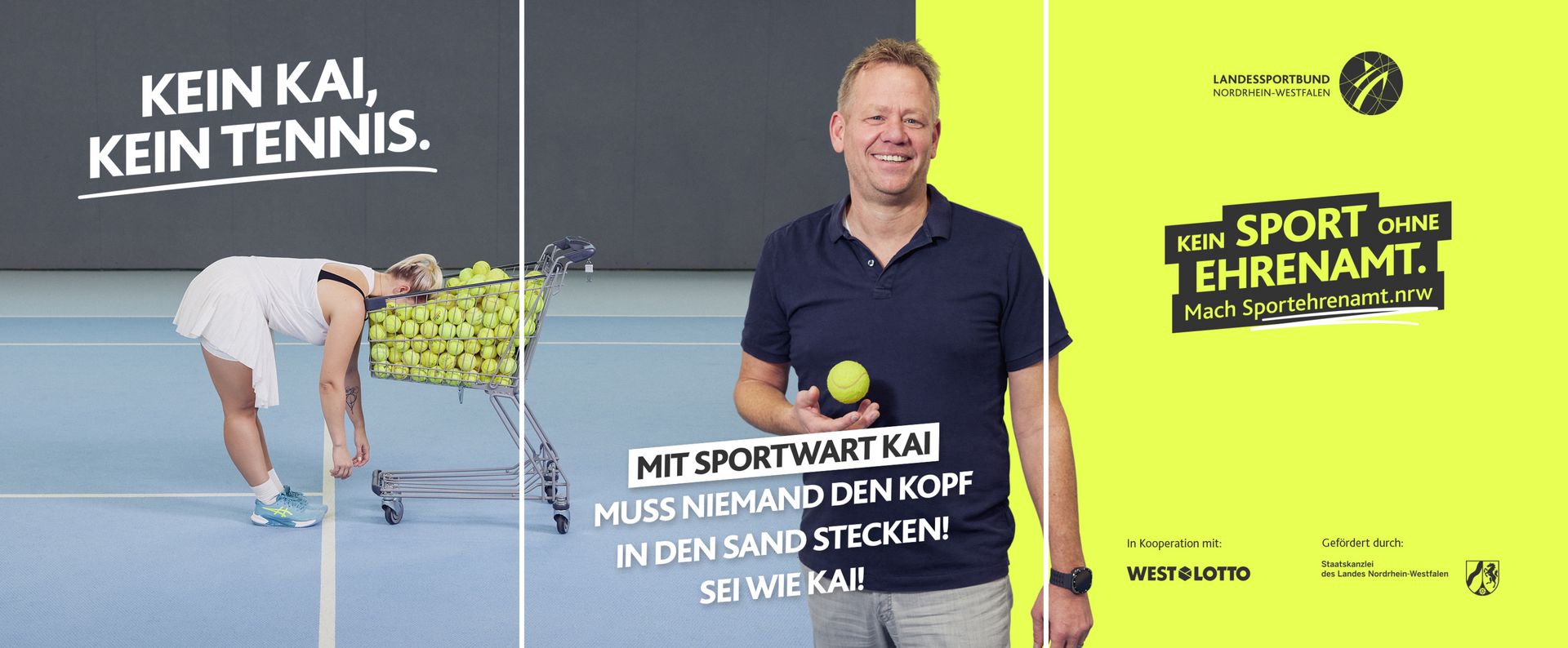 Sliderbeispiel des Motiv „Kein Kai. Kein Tennis.“ der LSB NRW-Offensive 2026: ‚Kein Sport ohne Ehrenamt.‘ Darunter der Aufruf ‚Mach Sportehrenamt.nrw‘.